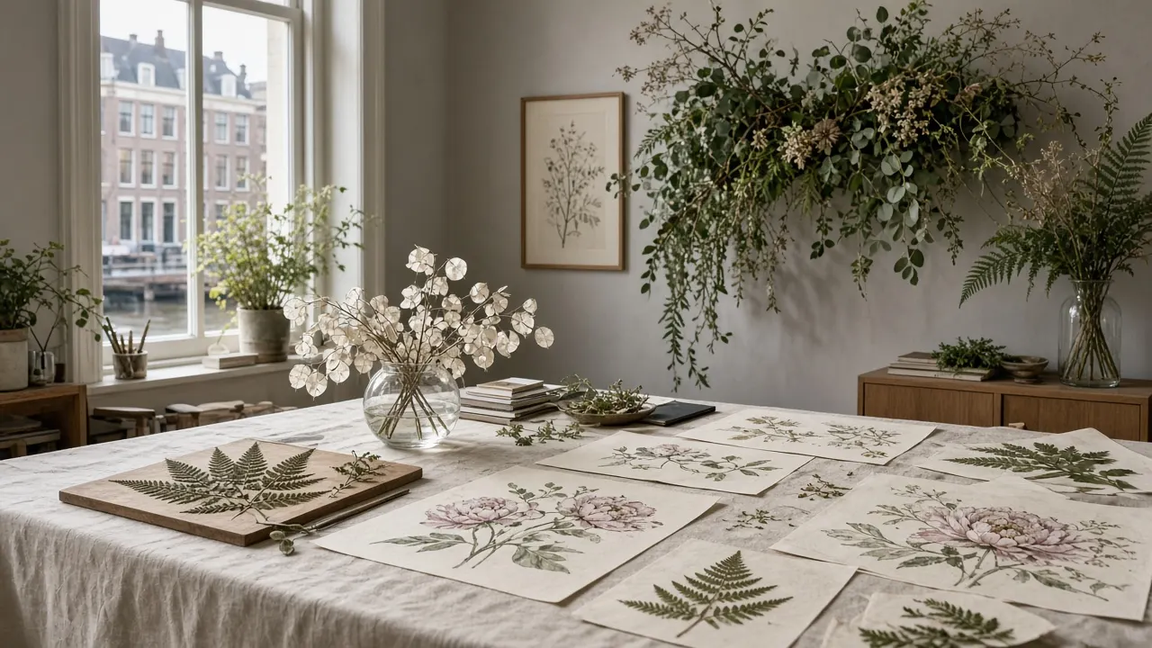 Gedroogde varens en botanische schetsen liggen op de lestafel tijdens botanisch ontwerpen in Amsterdam