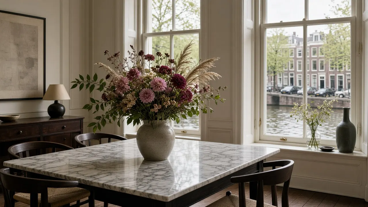 Groot bloemstuk met dahlia's staat op een marmeren tafel in een Amsterdams appartement tijdens interieurstyling