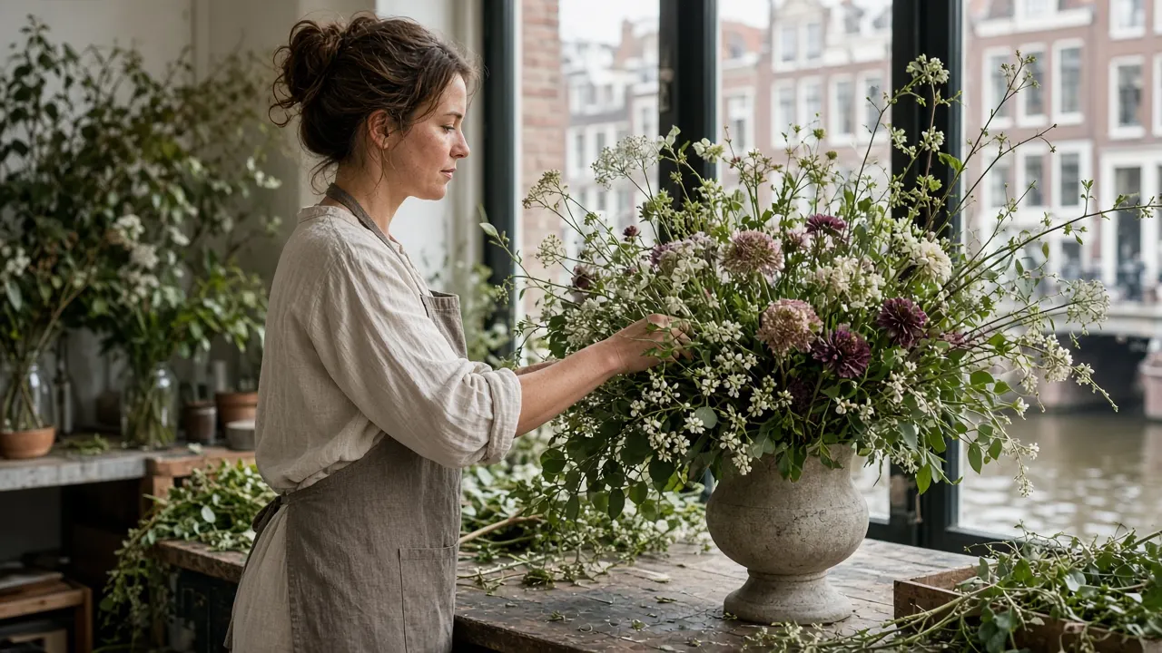 Sanne Meijer schikt een botanisch stuk in het atelier aan de Gerard Doustraat in Amsterdam