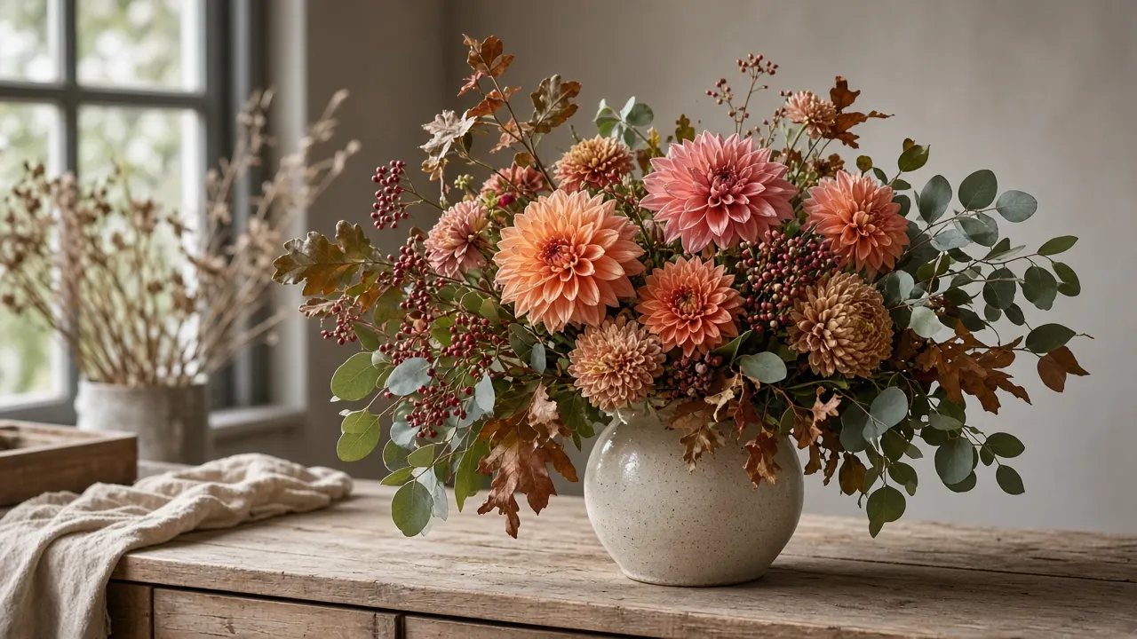 Herfstcompositie van dahlia's bessen en eikenblad op de werkbank tijdens seizoenswerk in Amsterdam